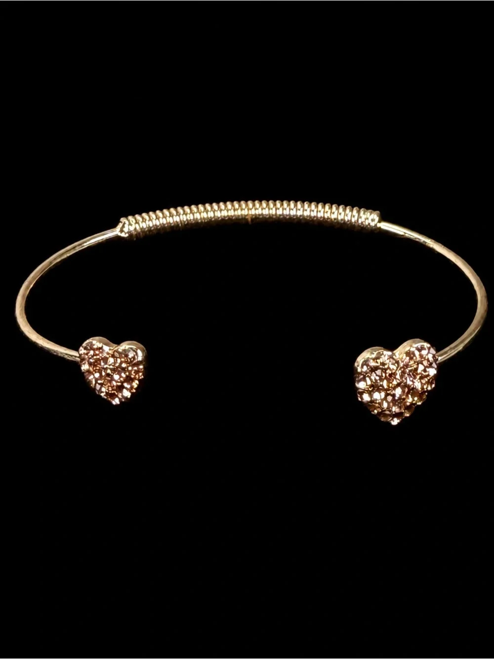 Vintage Goldtone Open Cuff Bracelet Textured Double Heart Ends Romantic Jewelry